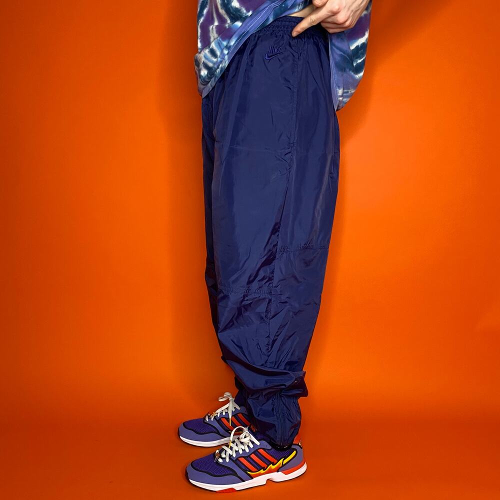 Vintage Nike Track Pants Navy Blue Nylon Joggers Suble Logo Ankle Zippers 90s